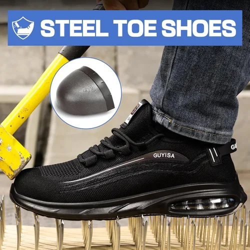 Vista 3 de GLANOUDUN Zapatos de punta de acero para hombre, zapatos de trabajo negros, zapatos de seguridad ligeros para hombres, zapatos de seguridad