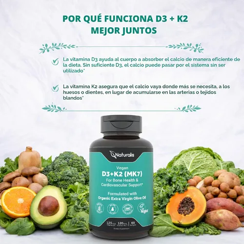 Vista 5 de Naturalis Vitamina vegana D3+K2 de algas 5000 UI D3 con 120 mcg MK7 Certificado de la sociedad vegana, de origen sostenible, mejor que