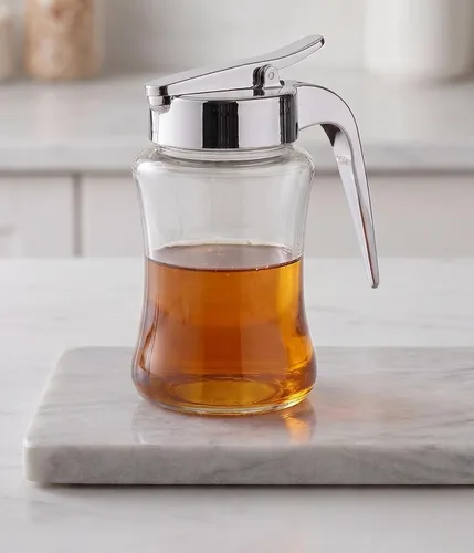 Vista 5 de J&M Design Botella dispensadora de jarabe de vidrio para jarabe de arce, tarro dispensador de azúcar con asa para panqueques, café, cuenco