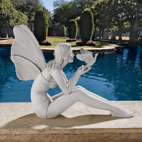 Vista 6 de Design Toscano Estatua de jardín de hada de pájaro de Cecina, piedra antigua