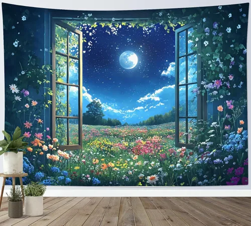 Vista 23 de LB Tapiz de cielo nocturno y océano, tapiz de luna llena sobre el agua, tapiz para colgar en la pared, tapiz de fantasía mágica de acuarela 3D, arte
