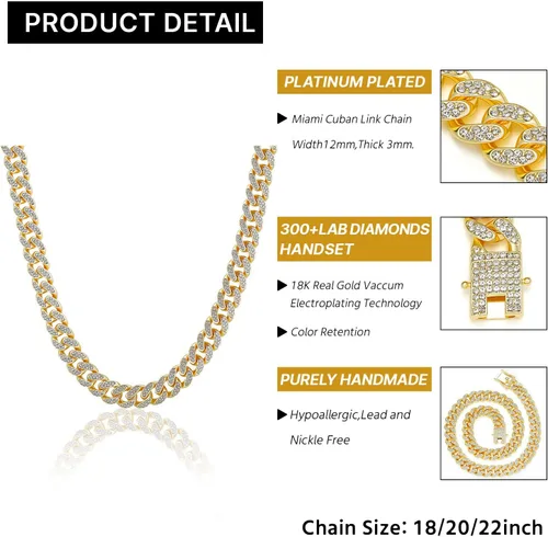 Vista 3 de Collar de cadena de eslabones cubanos de Miami, cadena de diamantes de circonita cúbica, joyería de hip hop, regalos para hombres y mujeres, oro