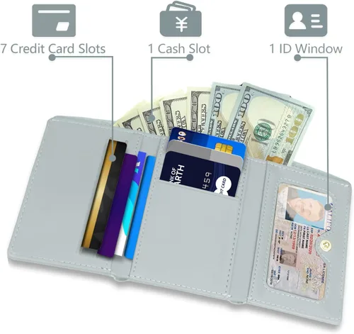 Vista 2 de Billetera triple para mujer, delgada para tarjetas de crédito, carteras de cuero con ventana de identificación, Azul, Trifold