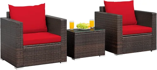Vista 9 de RELAX4LIFE Juego de sofá de mimbre de 3 piezas, juego de sofá de ratán para patio al aire libre con cojines lavables y mesa de centro de vidrio