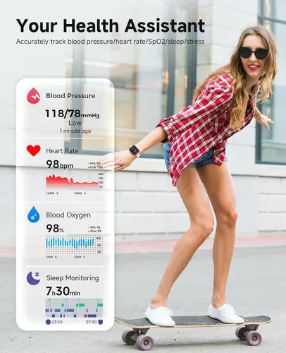 Vista 2 de Reloj inteligente para mujer, monitor de presión arterial, frecuencia cardíaca, oxígeno en sangre, sueño, rastreador de actividad impermeable 3ATM