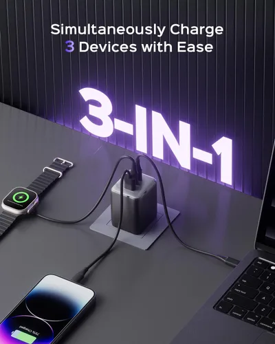 Vista 3 de wegear Bloque de cargador USB C de 100 W, adaptador de corriente plegable compacto de 3 puertos Cargador de pared USB para MacBook Pro/Air, Dell