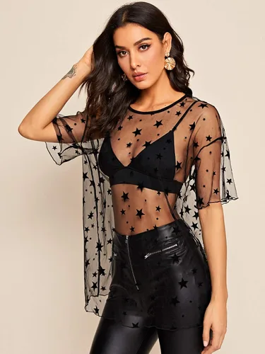 Vista 4 de Verdusa Camiseta de malla transparente para mujer, de media manga, larga, de gran