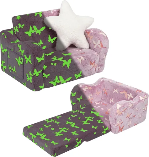 Vista 9 de MOMCAYWEX Sofá para bebé, 2 en 1, sofá suave para niños plegable con almohada de estrellas, sofá plegable para convertir en sofá cama, extra ancho