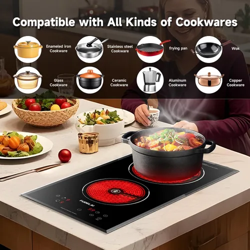 Vista 3 de Placa de cocina eléctrica de 2 quemadores, estufa de cerámica portátil con 9 niveles de potencia y temporizador, 1800 W 120 V, bloqueo de seguridad