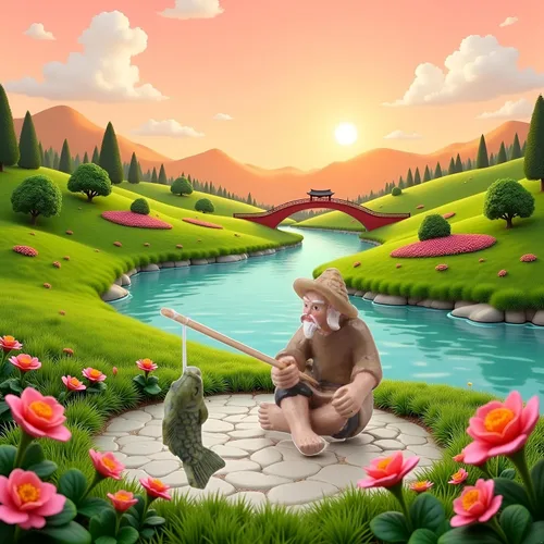 Vista 3 de 1 figura de pescador en miniatura, adorno de anciano de pesca, estatua de jardín sentado con lodo chino, estatuas al aire libre