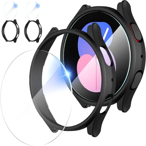 Vista 13 de Suoman Paquete de 2+2 fundas para Samsung Galaxy Watch 4 de 1.575 pulgadas, protector de pantalla de vidrio templado 9H + [arañazos] cobertura