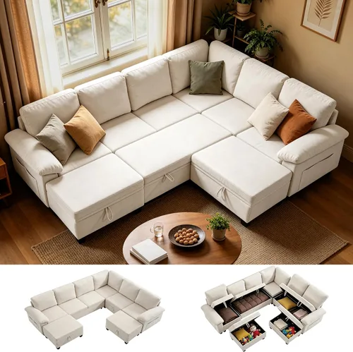 Vista 10 de 86" L-Shaped Sectional Sleeper Couch, Modular Pull-Out Storage Sofa Bed Green