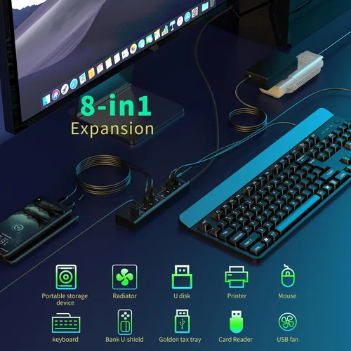 Vista 3 de Hub USB alimentado, divisor USB 3.0 de 8 puertos con 4 puertos de datos rápidos (2 USB-A 3.0 y 2 USB-C), 4 puertos de carga, adaptador de corriente