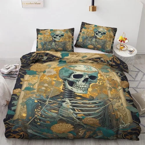 Vista 9 de Juego de funda de edredón tamaño individual Juego de cama de calavera de flores Patrón de esqueleto 2 piezas Funda de edredón de microfibra