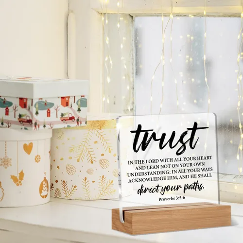 Vista 6 de Regalos de versículo bíblico cristiano para mujeres y hombres, letrero acrílico con frase de Proverbios Trust in The Lord Scripture con soporte