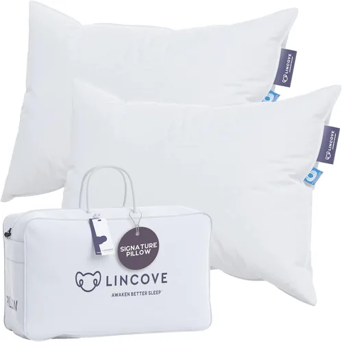 Vista 9 de Lincove Signature - Almohada de plumón 100% blanca canadiense, almohada de lujo para dormir de espalda, estómago y de lado, almohada de cama de 800