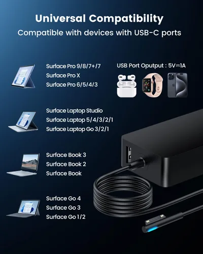 Vista 3 de Cargador Surface Book 2 de 102 W, para Microsoft Surface Laptop Studio, Surface Laptop 3 4 5, Windows Surface Pro/Go, carga rápida de 9.19 pies