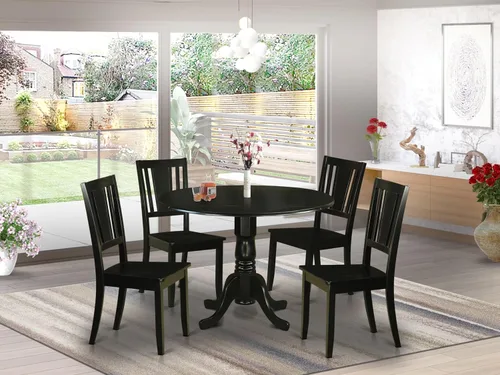 Vista 2 de East West Furniture DLDU5-BLK-W - Juego de mesa de comedor de 5 piezas para 4 personas, incluye una mesa de cocina redonda con gotas y 4 sillas