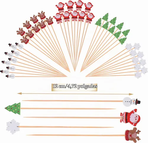 Vista 2 de JtmyAota - 100 unidades de palillos de dientes de Navidad para aperitivos, palillos de bambú natural de 4.7 pulgadas para cóctel, pastel, postre