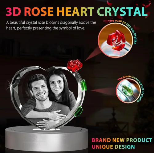 Vista 2 de Foto de cristal 3D con rosa de cristal rojo, regalos personalizados para mujeres, ella, él, esposa, novia, mamá, pareja, foto de cristal