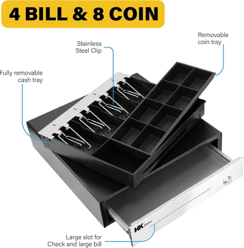 Vista 4 de HK SYSTEMS 16" "acero inoxidable" frontal resistente negro POS Cajón de efectivo con 4Bill/8Coin "acero inoxidable" para Canadá