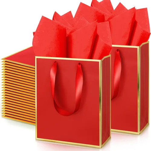 Vista 12 de Yeaqee Paquete de 100 bolsas metálicas de regalo con asa y papel de seda de papel de seda dorado para graduación, boda, padrinos de boda, regalos