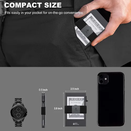 Vista 48 de Cartera delgada de aluminio para hombre, placa trasera expandible duradera, bloqueo RFID, billetera desplegable de metal minimalista, con capacidad