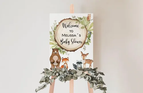 Vista 24 de Cartel de bienvenida de baby shower, cartel de bienvenida editable con texto en inglés "It's a Girl Woodland", letrero de bienvenida de baby shower