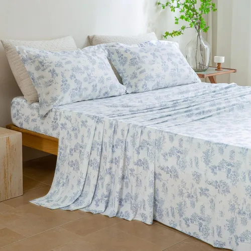 Vista 2 de QSH Juego de sábanas florales 100% algodón, tamaño individual, 4 piezas, estampado de hojas botánicas, color azul claro, extra suaves y Floral azul