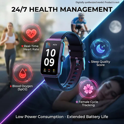 Vista 3 de Reloj de seguimiento de fitness para hombres y mujeres, color negro HD de 1.47 pulgadas, frecuencia cardíaca 24/7, oxígeno en sangre, monitor