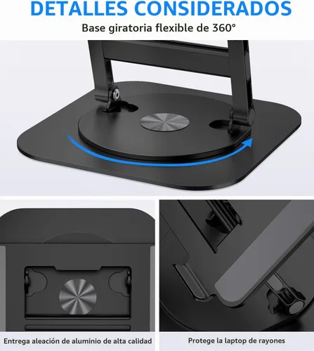 Vista 5 de AOEVI Soporte ajustable para laptop con base giratoria de 360°, soporte estable para computadora portátil, ergonómico y plegable, elevador para Negro