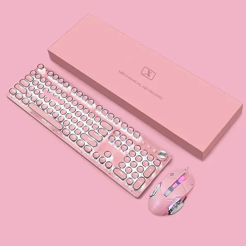 Vista 2 de Basaltech Combo de teclado mecánico y mouse para juegos, teclado retro steampunk estilo máquina de escribir vintage con retroiluminación LED