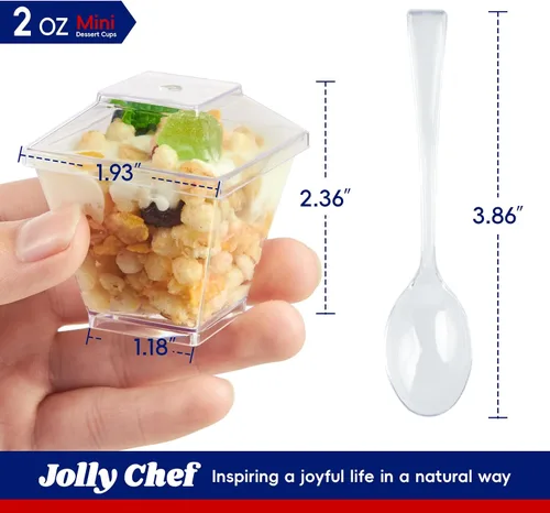Vista 2 de JOLLY CHEF Paquete de 100 mini tazas de postre de 2 onzas con cucharas y tapas, taza cuadrada alta de plástico transparente para aperitivos
