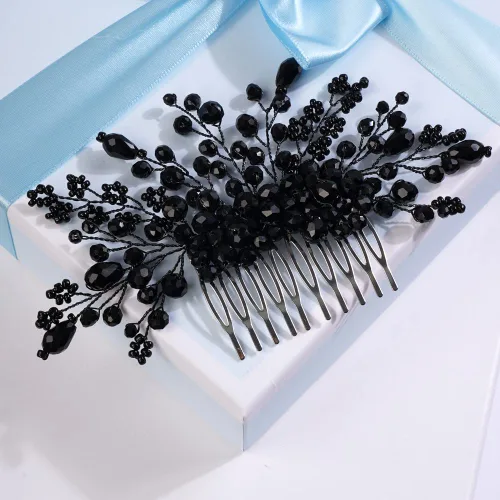 Vista 2 de Missgrace Mujeres nupcial boda hecho a mano cristales negros lado pelo peine ocasión especial tocado negro mujeres accesorios para el cabello