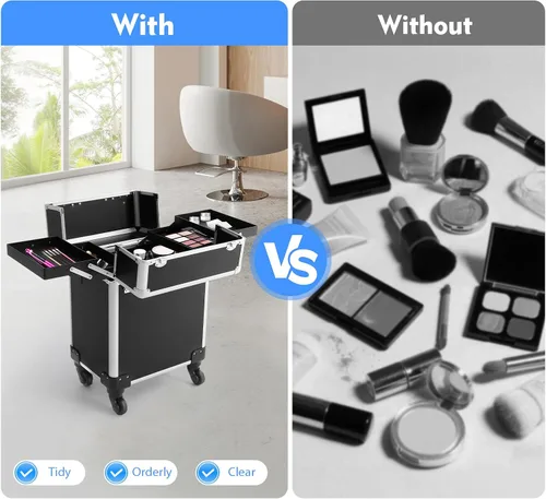 Vista 6 de Estuche de maquillaje profesional, estuche de aluminio para cosméticos con ruedas silenciosas, 4 bandejas plegadas y varilla retráctil, capacidad