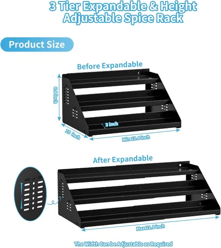 Vista 3 de BOIVSHI Organizador de especias, estante de especias para 3 niveles, organización de especias para gabinete, ancho expandible y altura ajustable