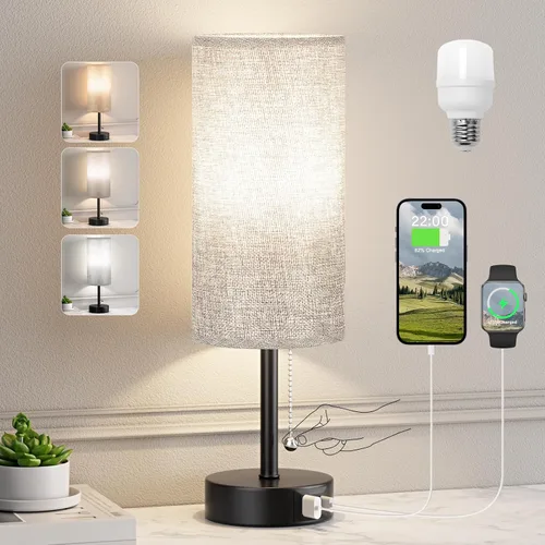 Vista 12 de Juego de 2 lámparas de noche grises para dormitorio, lámpara de mesa de noche con puerto de carga USB A + C, 3 temperaturas de color, cadena