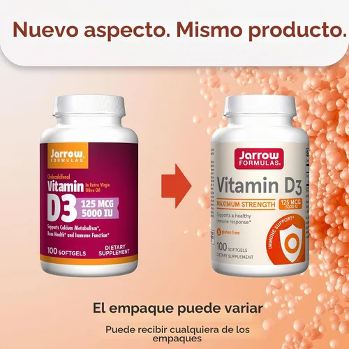 Vista 2 de Fórmulas vitamina D3 Jarrow, 5000IU, 100 geles suaves, D5000, 1, 1 Suplemento de vitamina D para la salud ósea, apoyo inmunológico y apoyo al