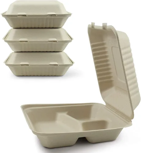 Vista 12 de Green Earth, 6 pulgadas, 125 unidades, almeja compostable de hamburguesa acanalada, BAM ware (fibra de bambú), cajas de comida para llevar