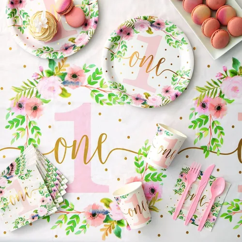 Vista 3 de Paquete de 3 manteles florales de plástico para suministros de fiesta de primer cumpleaños de bebé niña (54 x 108 pulgadas)
