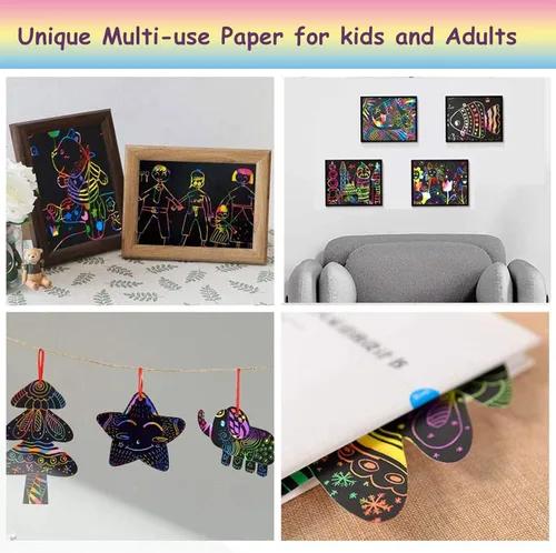 Vista 5 de Arte de papel para rascar para niños, juego de 100 piezas de arte de papel mágico arcoíris para rascar negro, arte y manualidades para niños de 3 a