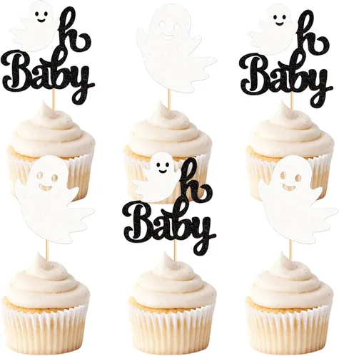 Vista 16 de 24 piezas de Halloween Baby Boo Cupcake Toppers Boo Ghost Cupcake Picks Baby Shower Halloween Boy Girl First Birthday Party Decoración Suministros