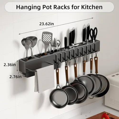 Vista 2 de Colgador de ollas y sartenes de acero inoxidable,Estante para ollas montado en la pared, riel colgante de cocina con ganchos en S, sartenes