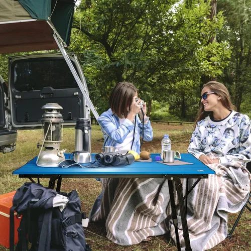 Vista 2 de Mesa de camping portátil VILLEY con patas ajustables, mesa de playa ligera de aluminio plegable con bolsa de transporte para cocinar al aire libre