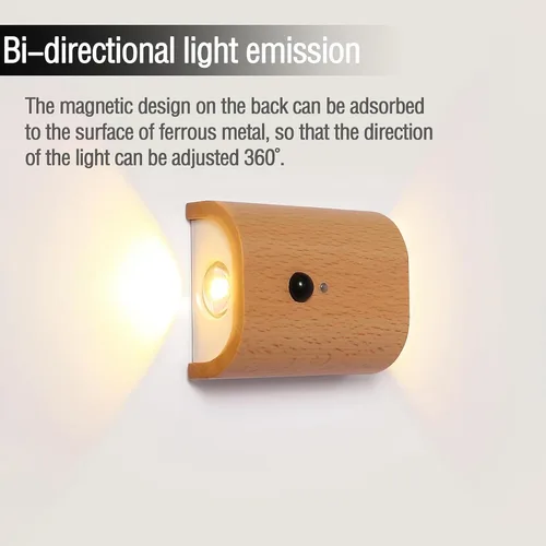 Vista 2 de Lámpara de pared LED de madera, luces nocturnas con sensor de movimiento, apliques recargables, luces para dormitorio