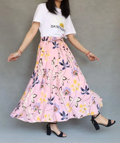 Vista 3 de Womens High Waisted Skirt Chiffon Boho Printed Vintage Pockets Swing A-Line Long Skirts