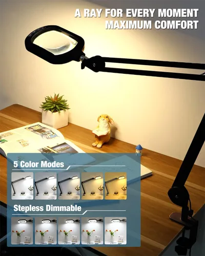 Vista 3 de Lupa 10X con luz y soporte, lámpara de pie rectangular grande con lente de vidrio óptico con base rodante de 5 ruedas, 5 modos de color LED