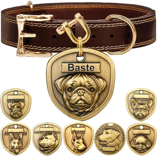Vista 12 de Collar de cuero auténtico para perro + Juego de etiqueta para perro bulldog con relieve 3D (XS-S)