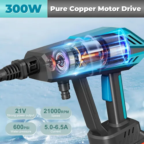 Vista 4 de Lavadora a presión inalámbrica de 21 V, lavadora a presión portátil de 600 PSI con boquilla 6 en 1, manguera extra larga de 16.5 pies, batería