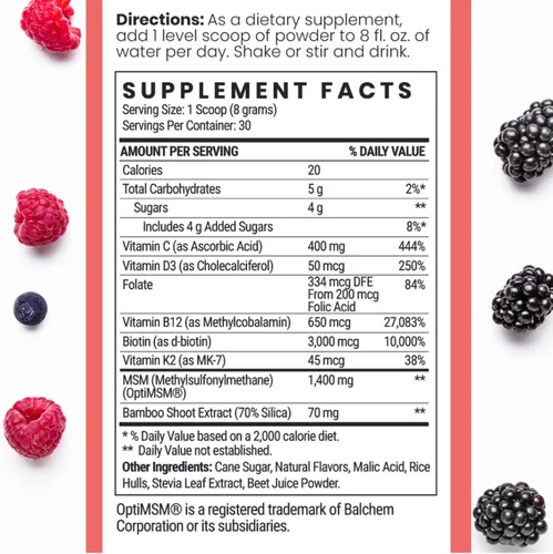 Vista 2 de Qhemet Biologics MSM + Biotin - Mezcla de bebida nutritiva para el cabello, vitaminas en polvo para apoyar un volumen exuberante, sílice de bambú